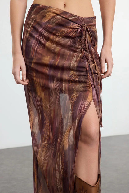 Modern Style Unlined Woven Maxi Skirt with Patterned Slit Detail