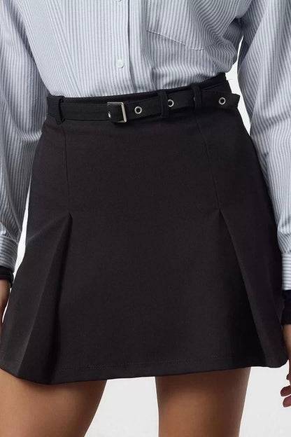 Modern Style Unlined Knitted Mini Length Low Waist Eyelet and Belt Detailed Mini Pencil Skirt