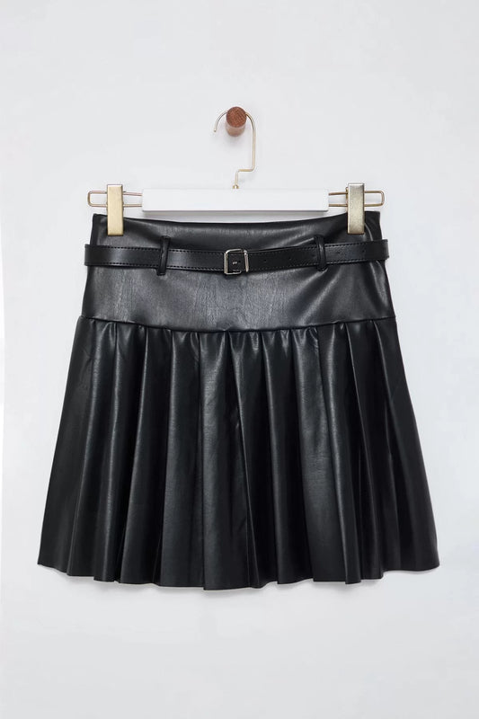 Modern Style Unlined Knitted Standard Length Pleated Belt Detailed Mini Skirt