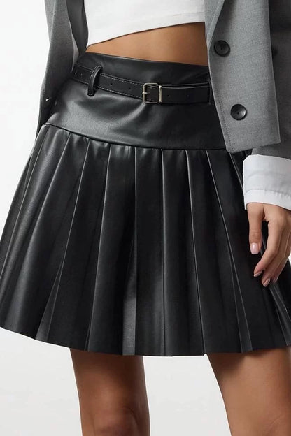 Modern Style Unlined Knitted Standard Length Pleated Belt Detailed Mini Skirt