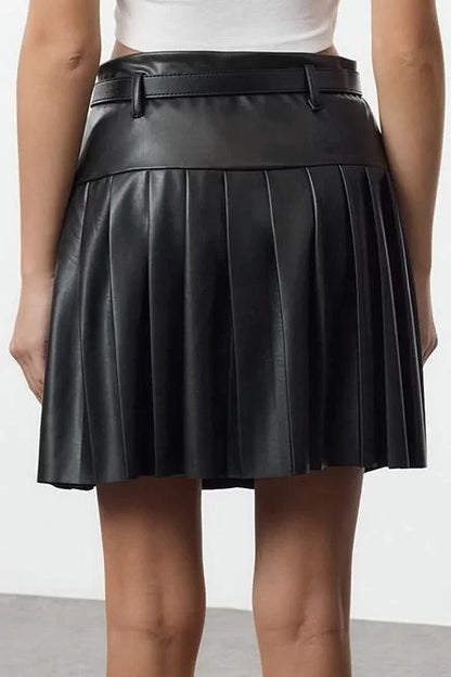 Modern Style Unlined Knitted Standard Length Pleated Belt Detailed Mini Skirt