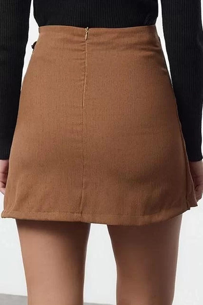 Modern Style Unlined Woven Mini Length Velvet Fabric Double Breasted Closure Tie Detailed Mini Length Woven Skirt