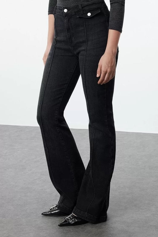 Style Women Fashion Denim Jeans Long Wide Leg Anthracite Ribbed High Waist Lycra Jeans