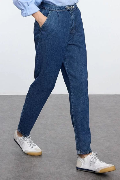 Style Women Fashion Denim Jeans Pants Regular Straight Leg Button Detail High Waist Mom Jeans