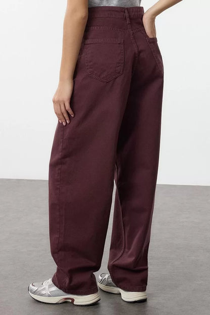 Style Women Fashion Denim Jeans Long Wide Leg Burgundy High Waist Skater Jeans