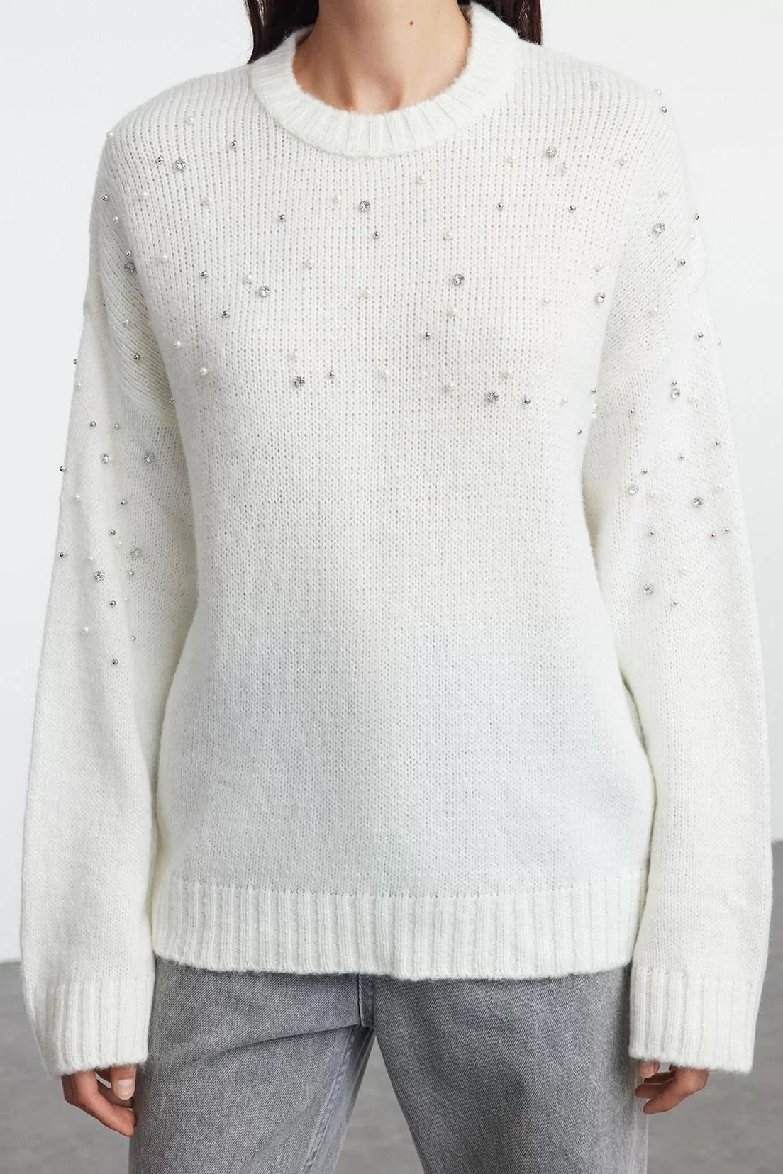 Style Modern Women Regular Standard Sleeve Crew Neck Soft Texture Stone Knitted Sweater