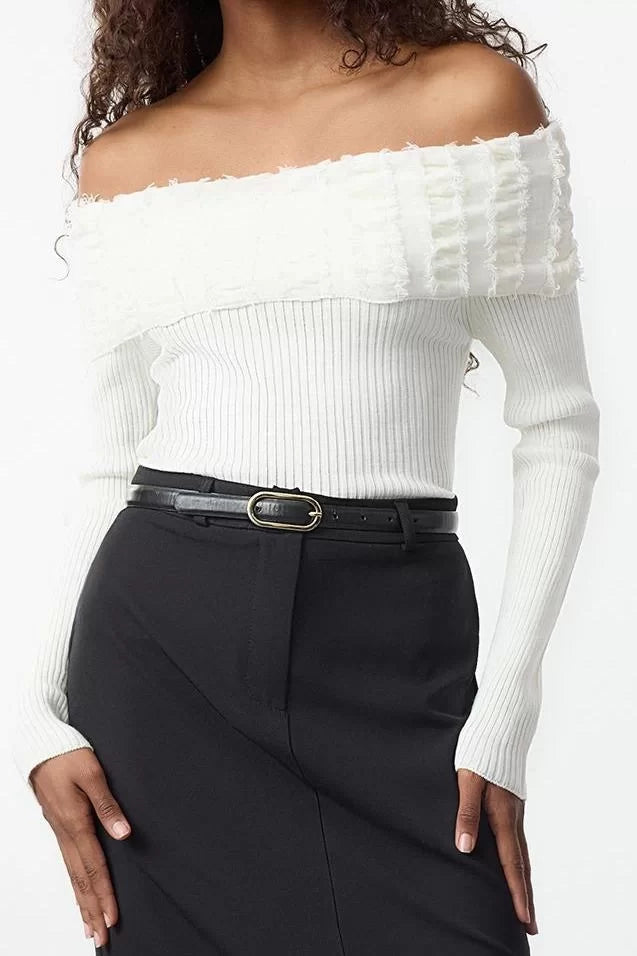 Style Modern Women Regular Standard Sleeve Carmen Collar Draped Detail Knitwear Sweater