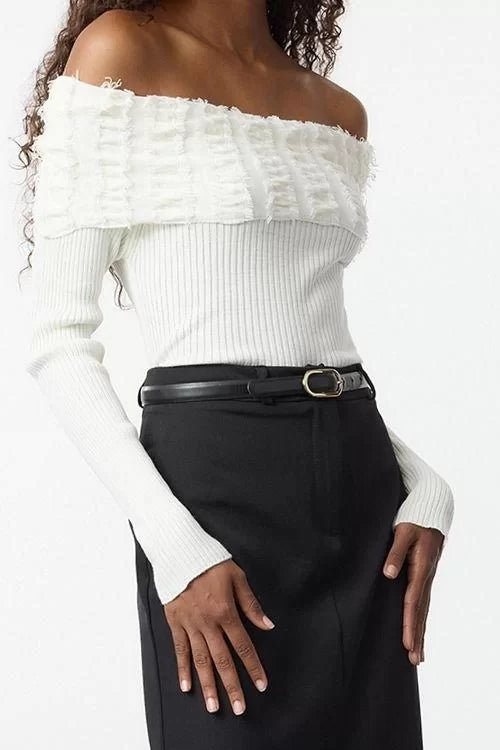 Style Modern Women Regular Standard Sleeve Carmen Collar Draped Detail Knitwear Sweater