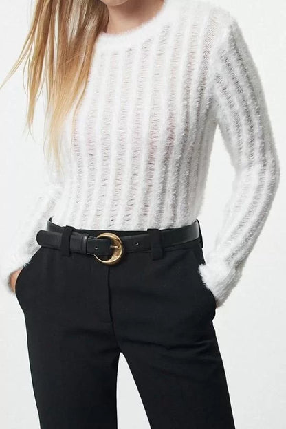 Style Modern Women Regular Standard Sleeve Crew Neck Thin Transparent Looking Knitwear Sweater