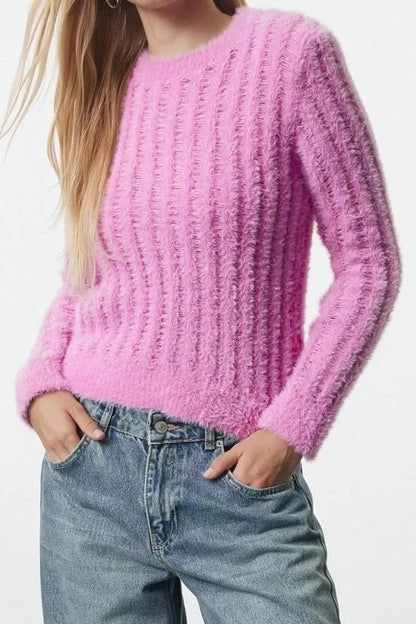 Style Modern Women Regular Standard Sleeve Crew Neck Thin Transparent Looking Knitwear Sweater