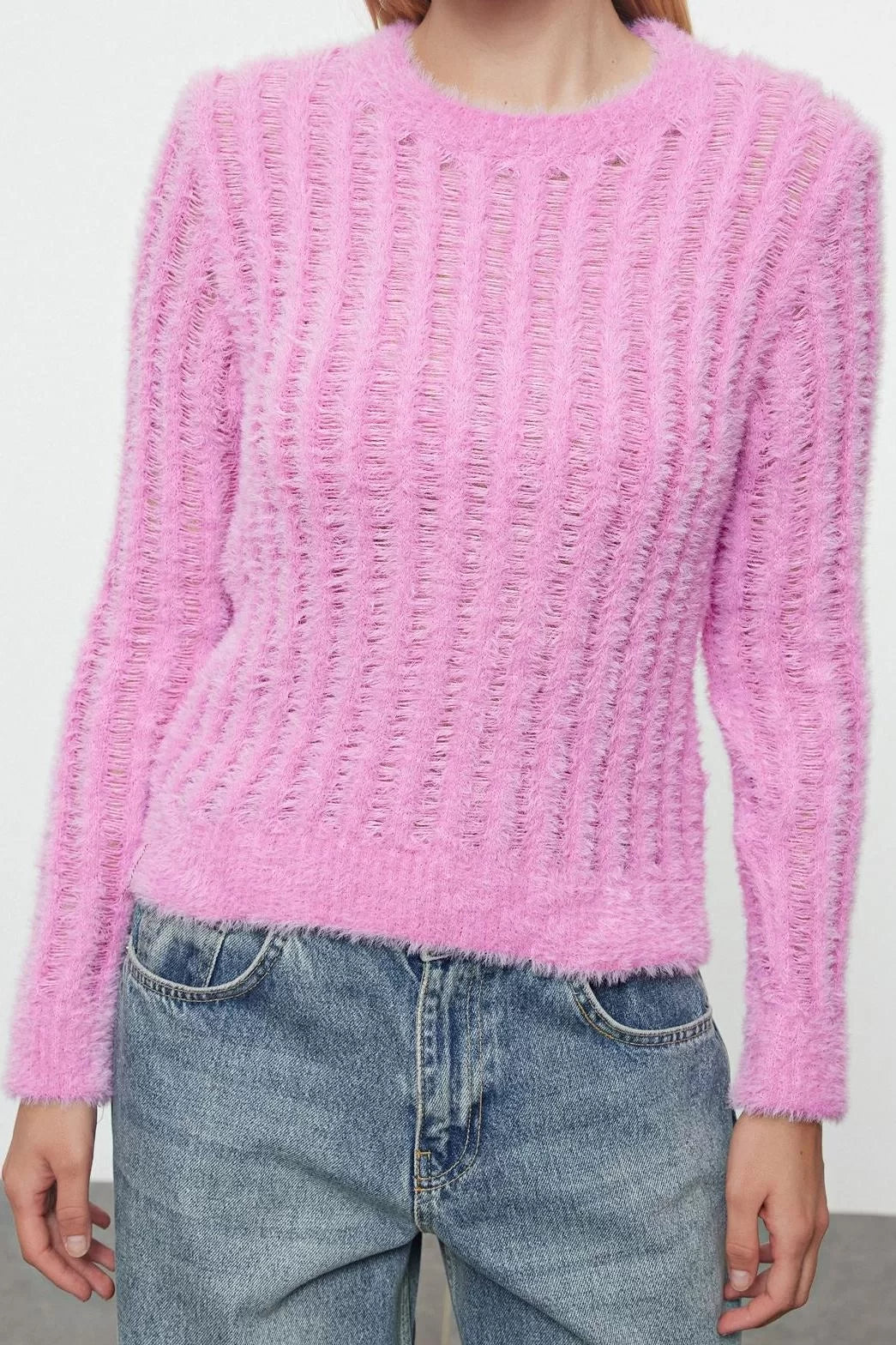 Style Modern Women Regular Standard Sleeve Crew Neck Thin Transparent Looking Knitwear Sweater