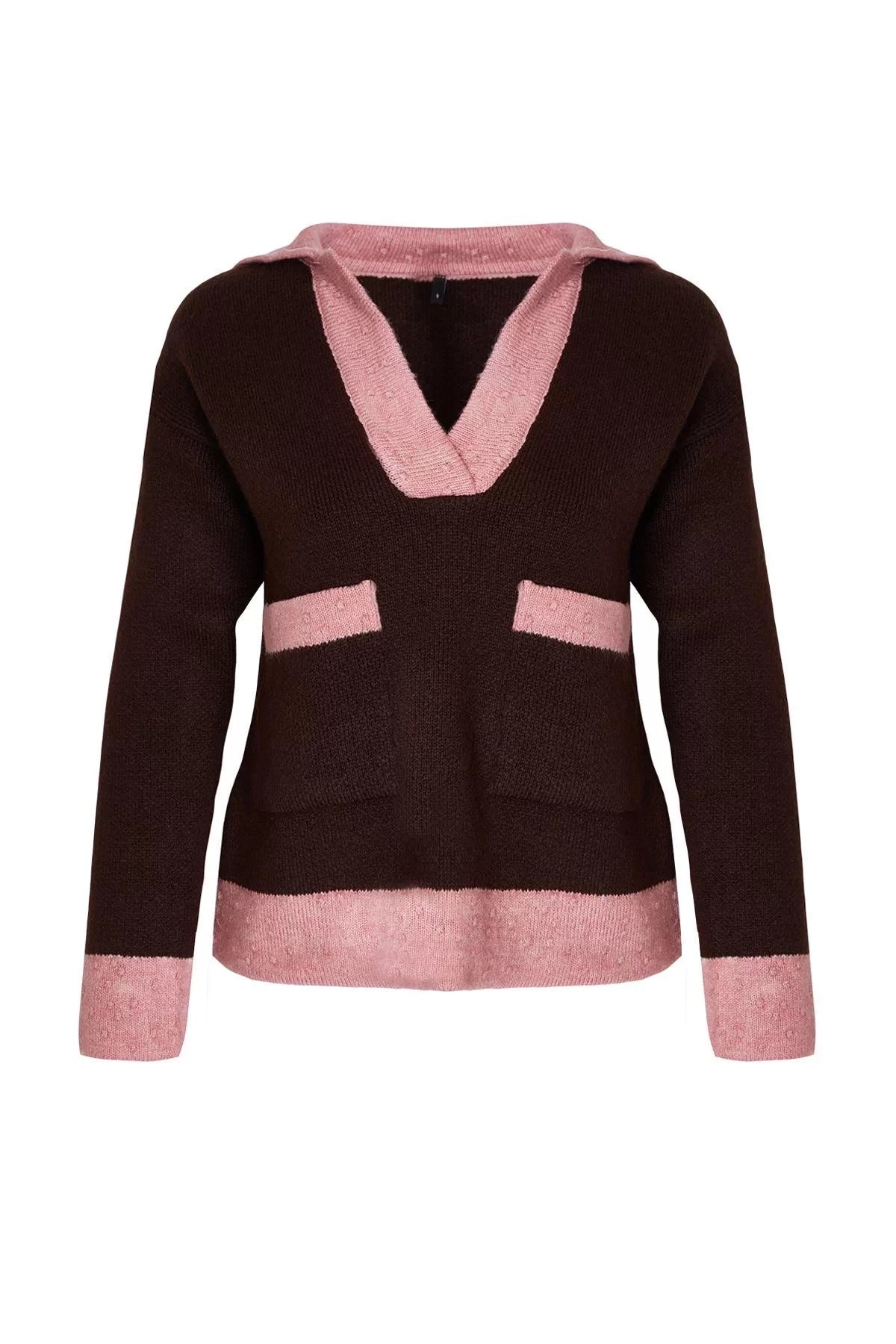 Style Modern Women Regular Standard Sleeve Polo Collar Soft Texture Color Block Knitwear Sweater