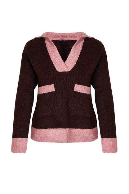 Style Modern Women Regular Standard Sleeve Polo Collar Soft Texture Color Block Knitwear Sweater