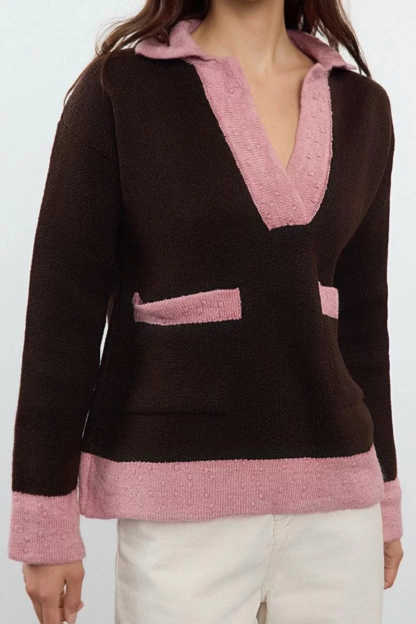 Style Modern Women Regular Standard Sleeve Polo Collar Soft Texture Color Block Knitwear Sweater