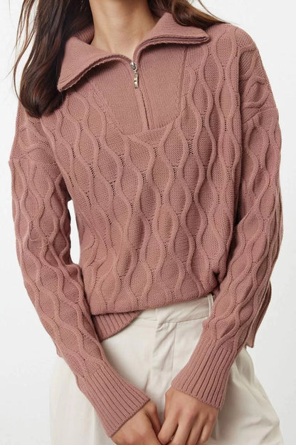 Style Modern Women Regular Standard Sleeve Polo Collar Wide Pattern Hair Knitted Stand Collar Knitwear Sweater