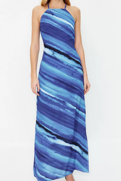 Fashion Sleeveless Halter Neck Multicolor Tie Dye Patterned Straight Cut Sleeveless Maxi Lined Satin Woven Dress