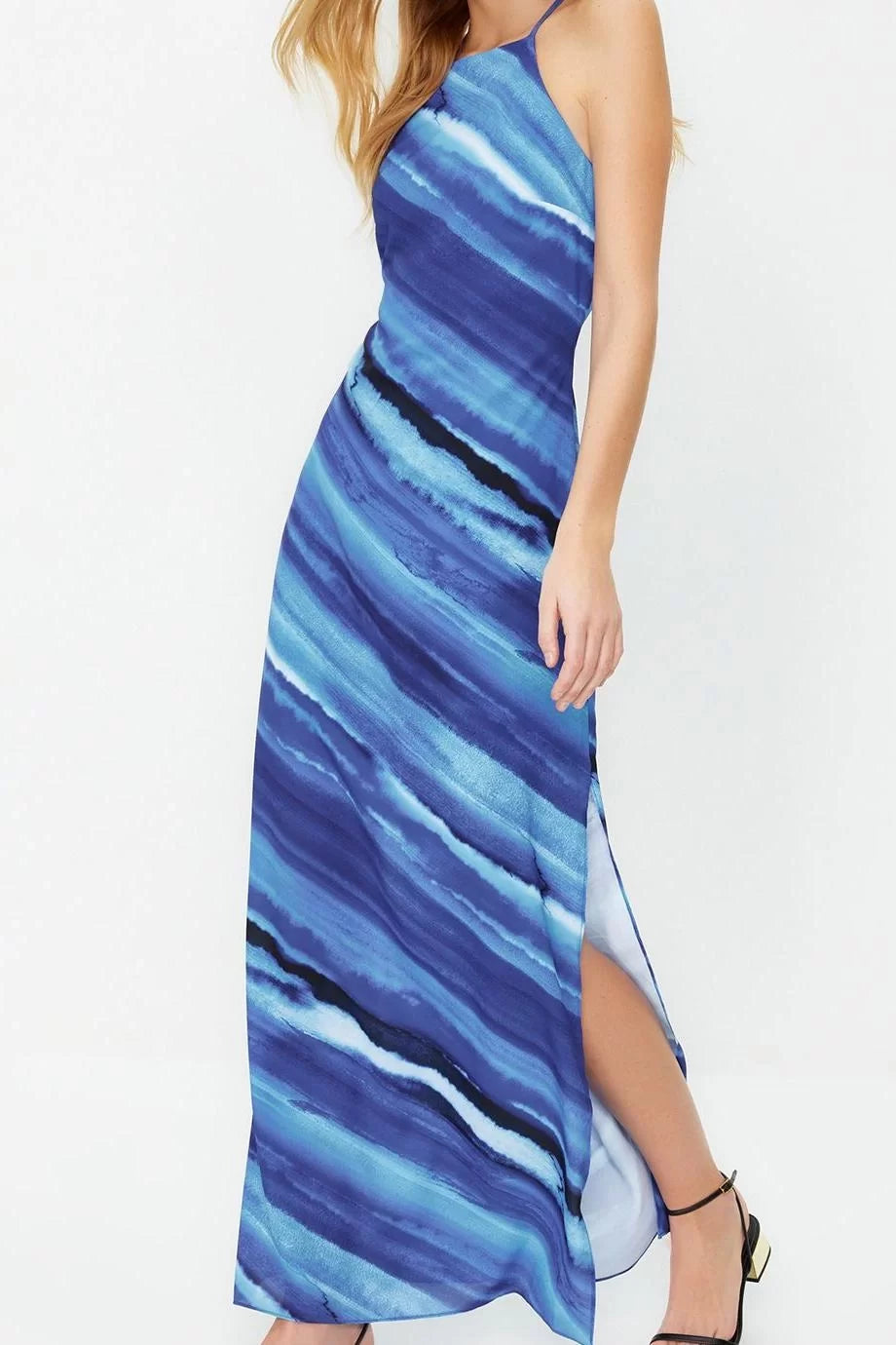 Fashion Sleeveless Halter Neck Multicolor Tie Dye Patterned Straight Cut Sleeveless Maxi Lined Satin Woven Dress