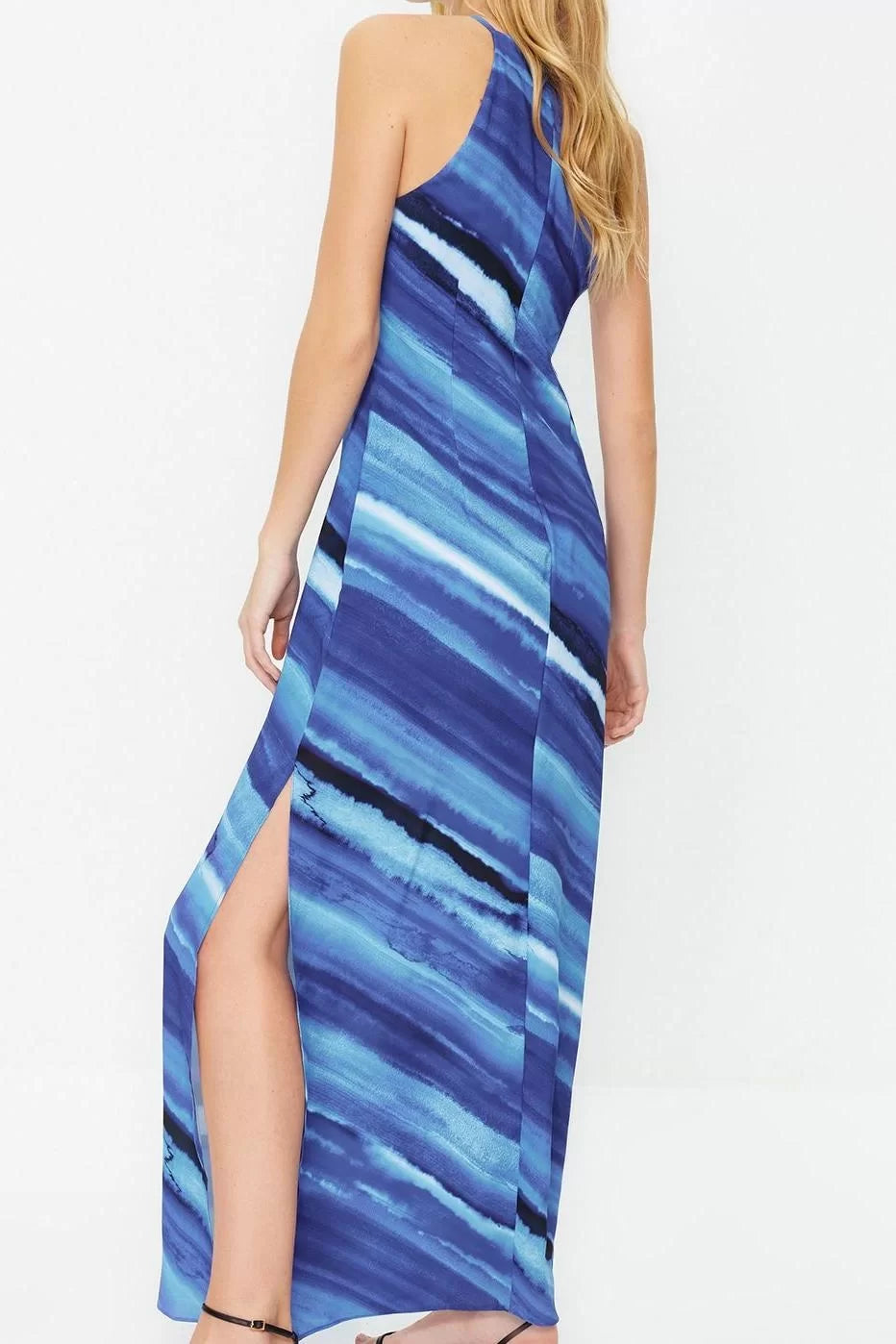 Fashion Sleeveless Halter Neck Multicolor Tie Dye Patterned Straight Cut Sleeveless Maxi Lined Satin Woven Dress