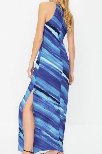 Fashion Sleeveless Halter Neck Multicolor Tie Dye Patterned Straight Cut Sleeveless Maxi Lined Satin Woven Dress