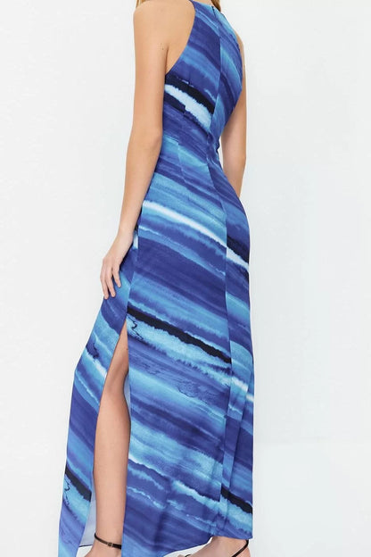 Fashion Sleeveless Halter Neck Multicolor Tie Dye Patterned Straight Cut Sleeveless Maxi Lined Satin Woven Dress