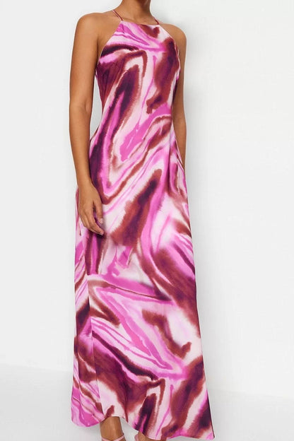 Fashion Sleeveless Halter Neck Multicolor Tie Dye Patterned Straight Cut Sleeveless Maxi Lined Satin Woven Dress