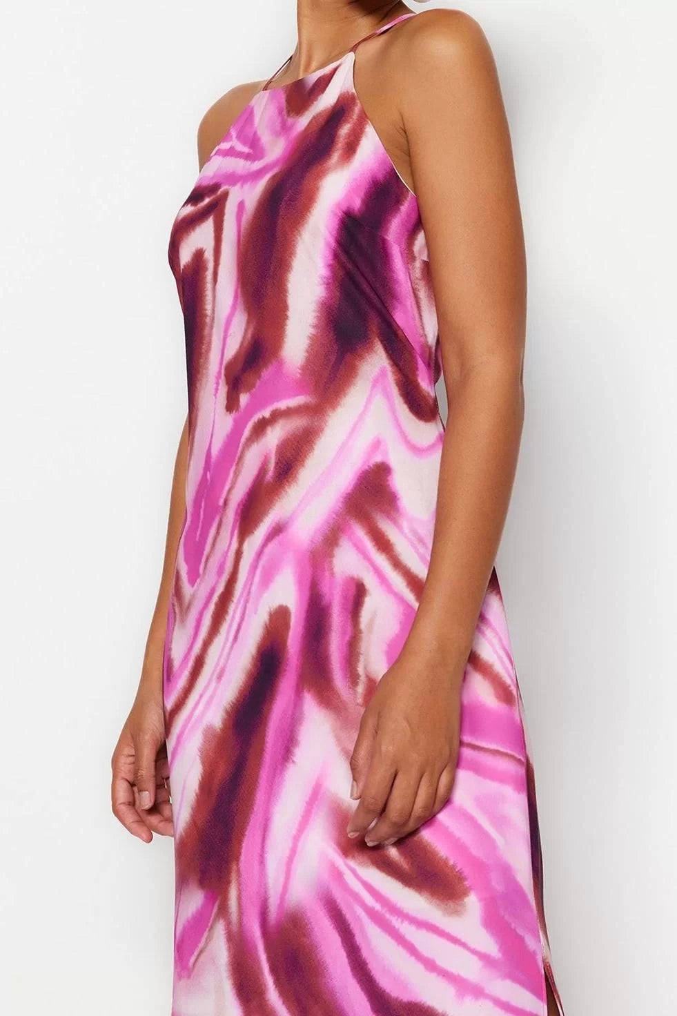 Fashion Sleeveless Halter Neck Multicolor Tie Dye Patterned Straight Cut Sleeveless Maxi Lined Satin Woven Dress