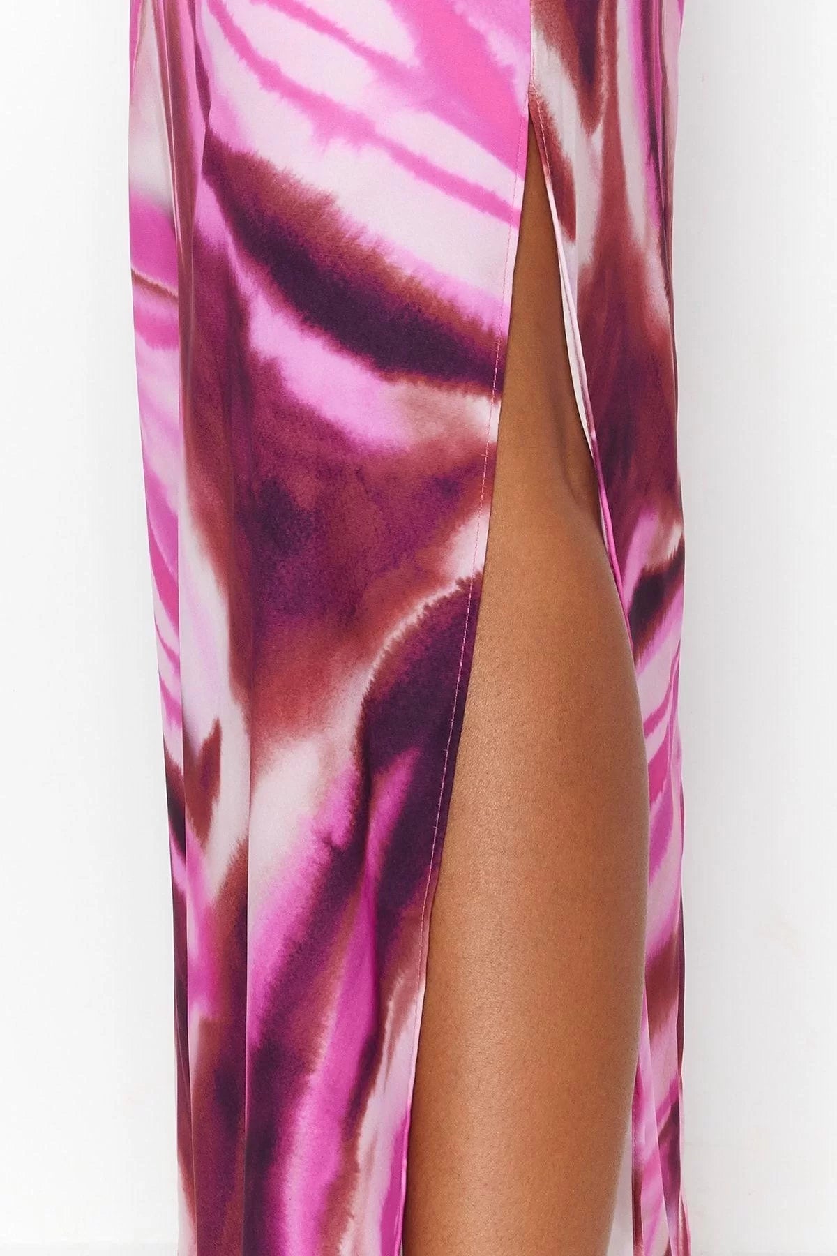 Fashion Sleeveless Halter Neck Multicolor Tie Dye Patterned Straight Cut Sleeveless Maxi Lined Satin Woven Dress