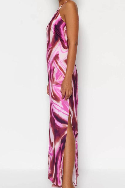 Fashion Sleeveless Halter Neck Multicolor Tie Dye Patterned Straight Cut Sleeveless Maxi Lined Satin Woven Dress