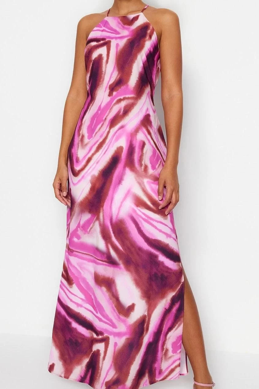 Fashion Sleeveless Halter Neck Multicolor Tie Dye Patterned Straight Cut Sleeveless Maxi Lined Satin Woven Dress