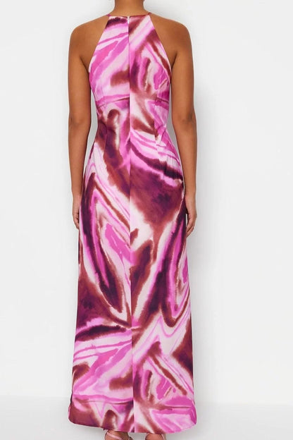 Fashion Sleeveless Halter Neck Multicolor Tie Dye Patterned Straight Cut Sleeveless Maxi Lined Satin Woven Dress