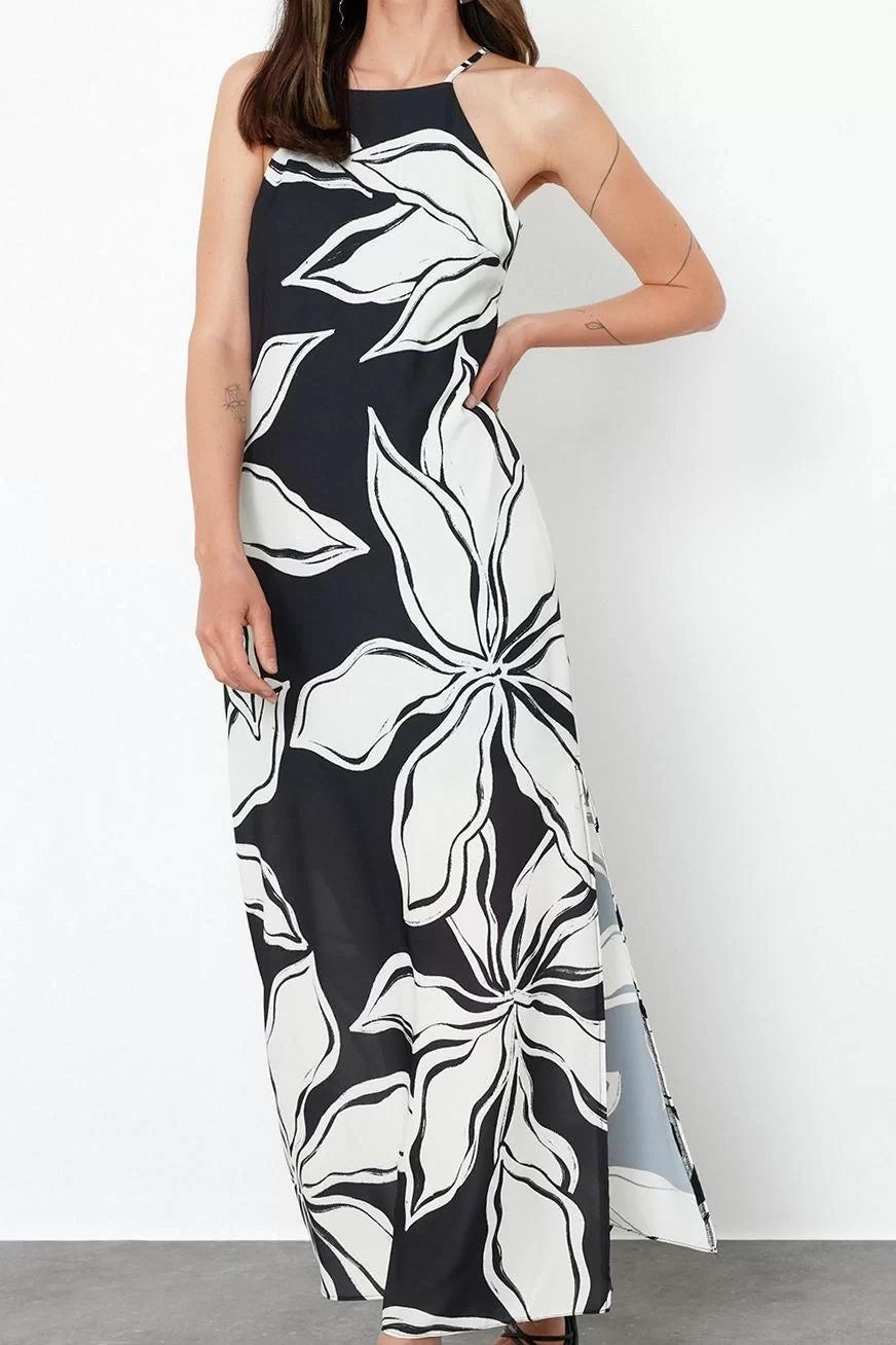 Fashion Sleeveless Halter Neck Multicolor Tie Dye Patterned Straight Cut Sleeveless Maxi Lined Satin Woven Dress