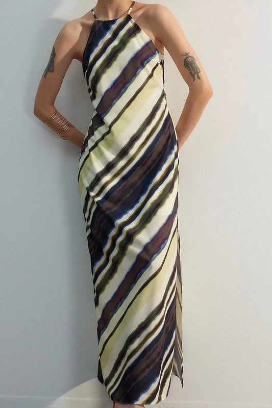 Fashion Sleeveless Halter Neck Multicolor Tie Dye Patterned Straight Cut Sleeveless Maxi Lined Satin Woven Dress