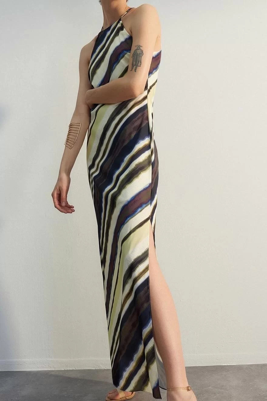 Fashion Sleeveless Halter Neck Multicolor Tie Dye Patterned Straight Cut Sleeveless Maxi Lined Satin Woven Dress