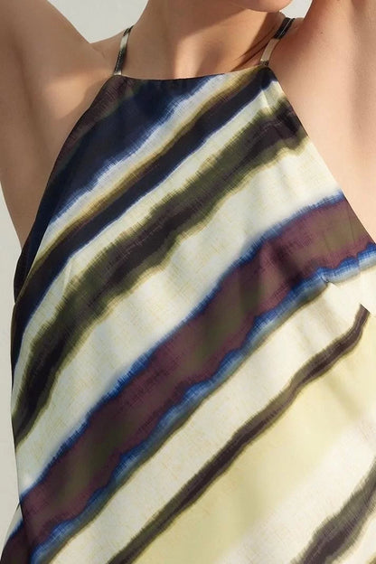 Fashion Sleeveless Halter Neck Multicolor Tie Dye Patterned Straight Cut Sleeveless Maxi Lined Satin Woven Dress