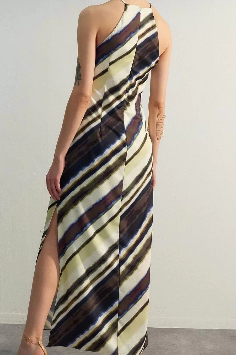 Fashion Sleeveless Halter Neck Multicolor Tie Dye Patterned Straight Cut Sleeveless Maxi Lined Satin Woven Dress