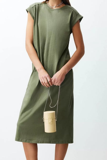 Short Sleeve Crew Neck Khaki Plain T-Shirt Dress 100% Cotton Moon Sleeve Shift Relaxed Cut Midi Dress