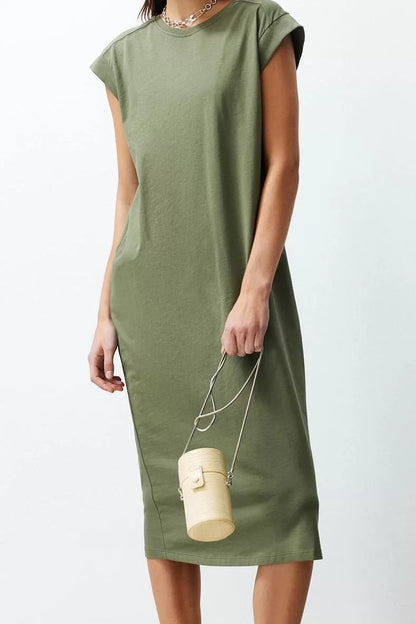 Short Sleeve Crew Neck Khaki Plain T-Shirt Dress 100% Cotton Moon Sleeve Shift Relaxed Cut Midi Dress