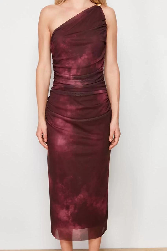 Sleeveless Asymmetrical Collar Burgundy Single Sleeve Body-Styling Accessory Detailed Tulle Flexible Knitted Midi Pencil Dress