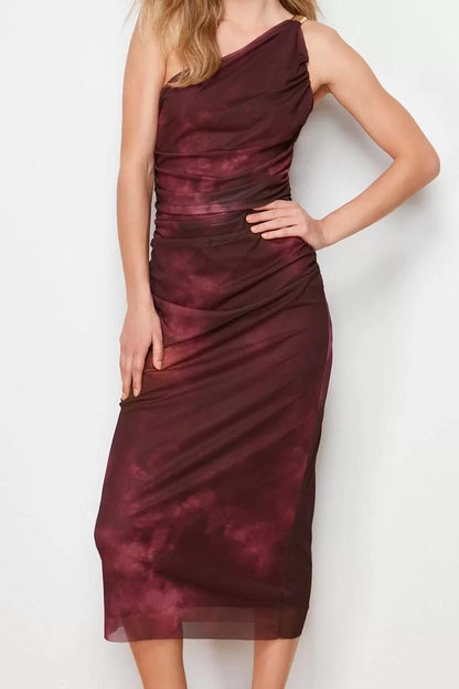 Sleeveless Asymmetrical Collar Burgundy Single Sleeve Body-Styling Accessory Detailed Tulle Flexible Knitted Midi Pencil Dress