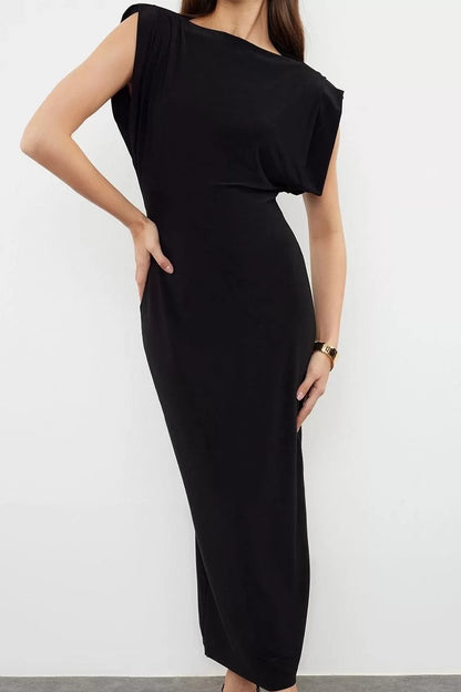 Short Sleeve Boat Neck Black Plain Padded Draped Bodycone Stretchy Dress Knitted Dress