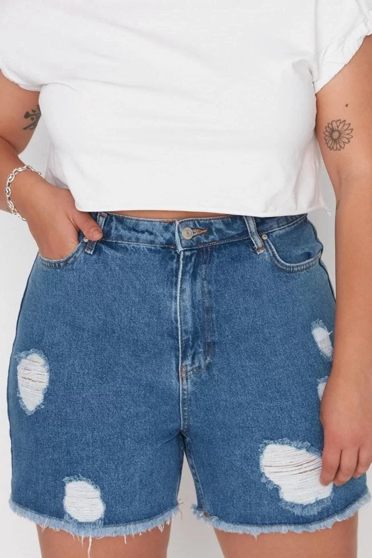 Plus Size Fashion Denim High Waist Wide Leg Casual Dark Blue High Waist Destroyed Shorts Bermuda