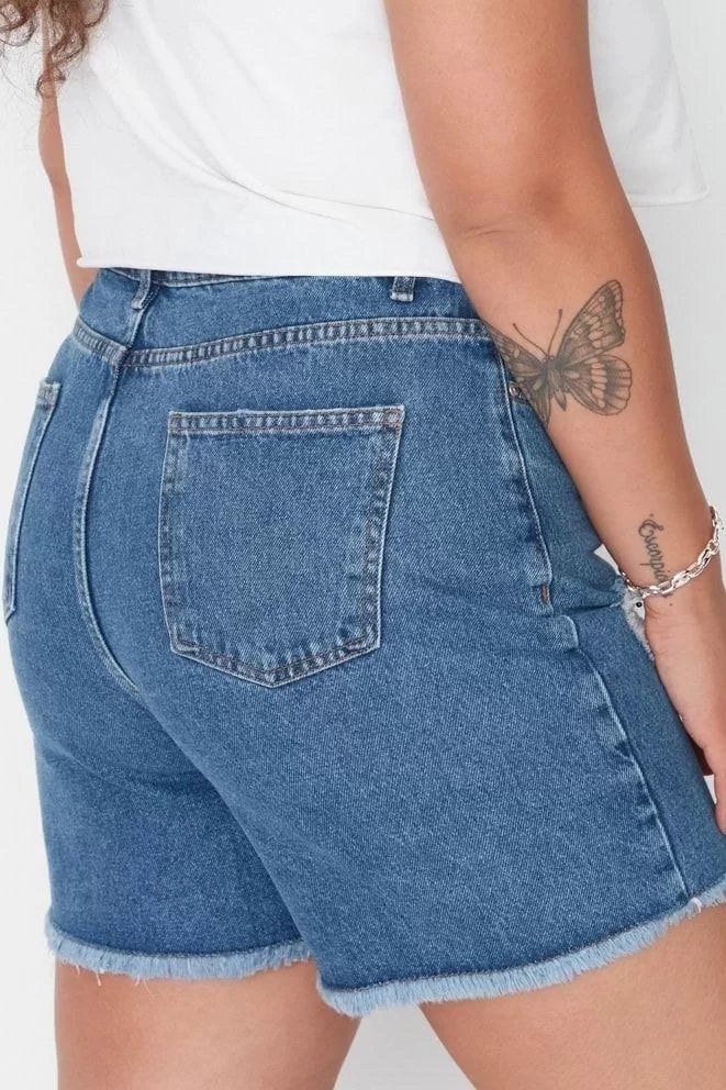 Plus Size Fashion Denim High Waist Wide Leg Casual Dark Blue High Waist Destroyed Shorts Bermuda