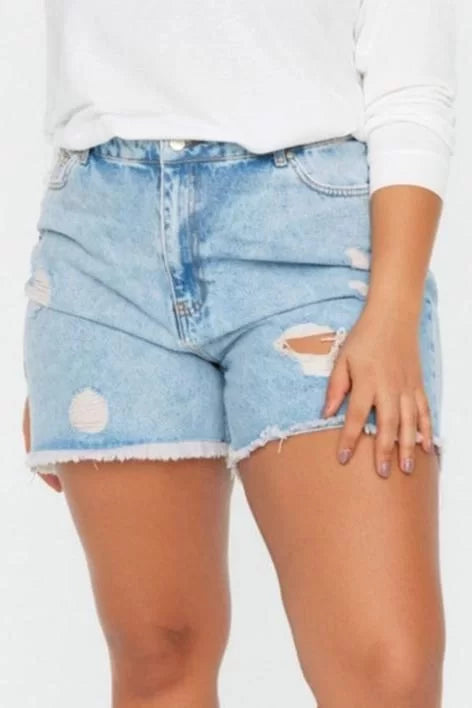 Plus Size Fashion Denim High Waist Wide Leg Casual Dark Blue High Waist Destroyed Shorts Bermuda