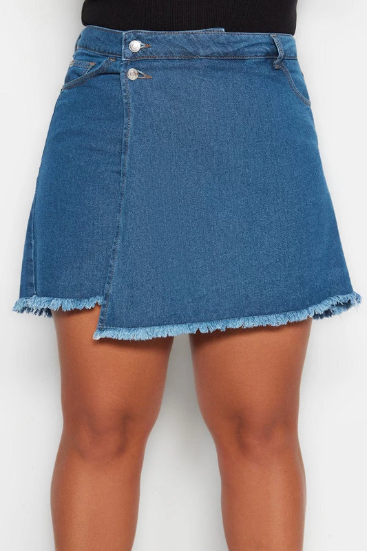 Plus Size Fashion Denim Normal Waist Skinny Leg Casual Light Blue High Waist Tassel Hem Shorts Skirt