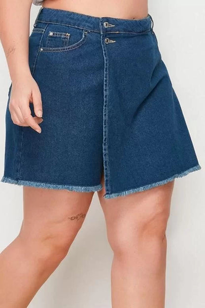 Plus Size Fashion Denim Normal Waist Skinny Leg Casual Light Blue High Waist Tassel Hem Shorts Skirt