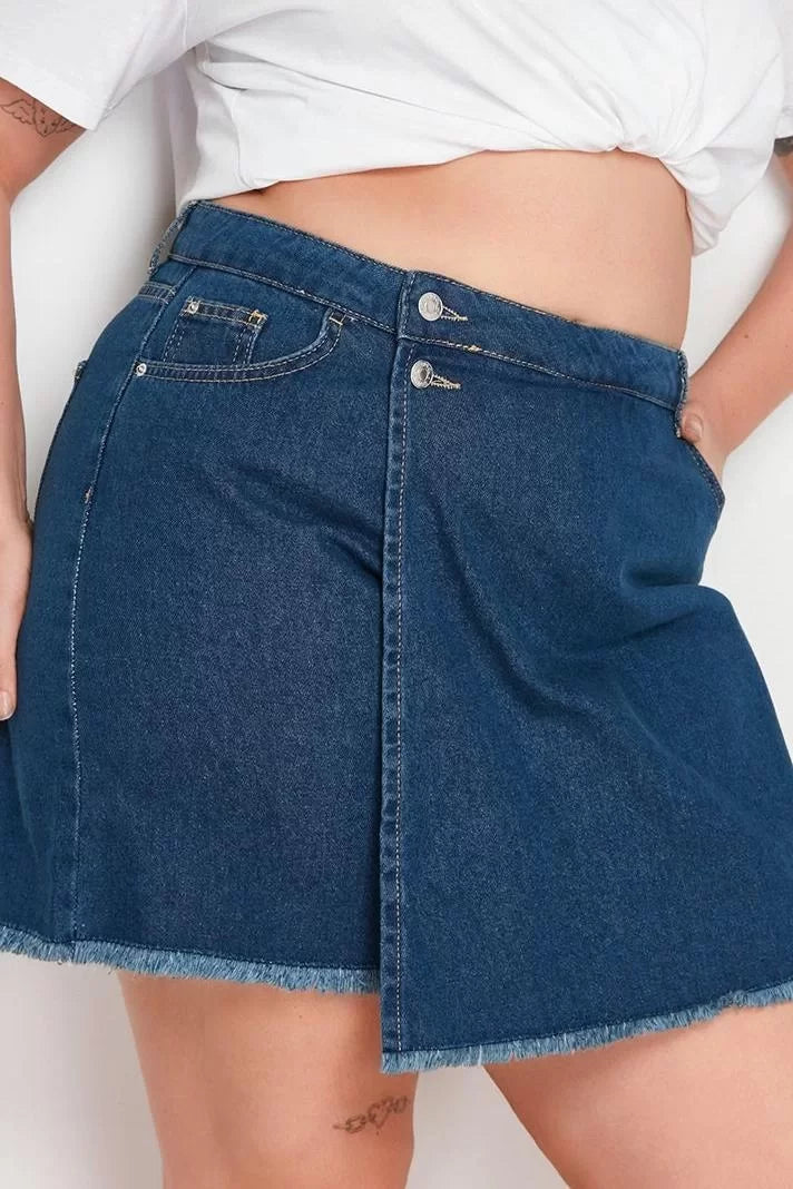 Plus Size Fashion Denim Normal Waist Skinny Leg Casual Light Blue High Waist Tassel Hem Shorts Skirt