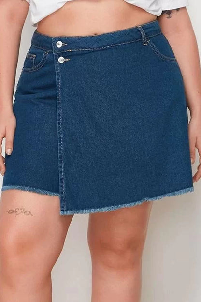 Plus Size Fashion Denim Normal Waist Skinny Leg Casual Light Blue High Waist Tassel Hem Shorts Skirt