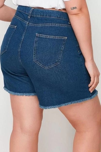 Plus Size Fashion Denim Normal Waist Skinny Leg Casual Light Blue High Waist Tassel Hem Shorts Skirt