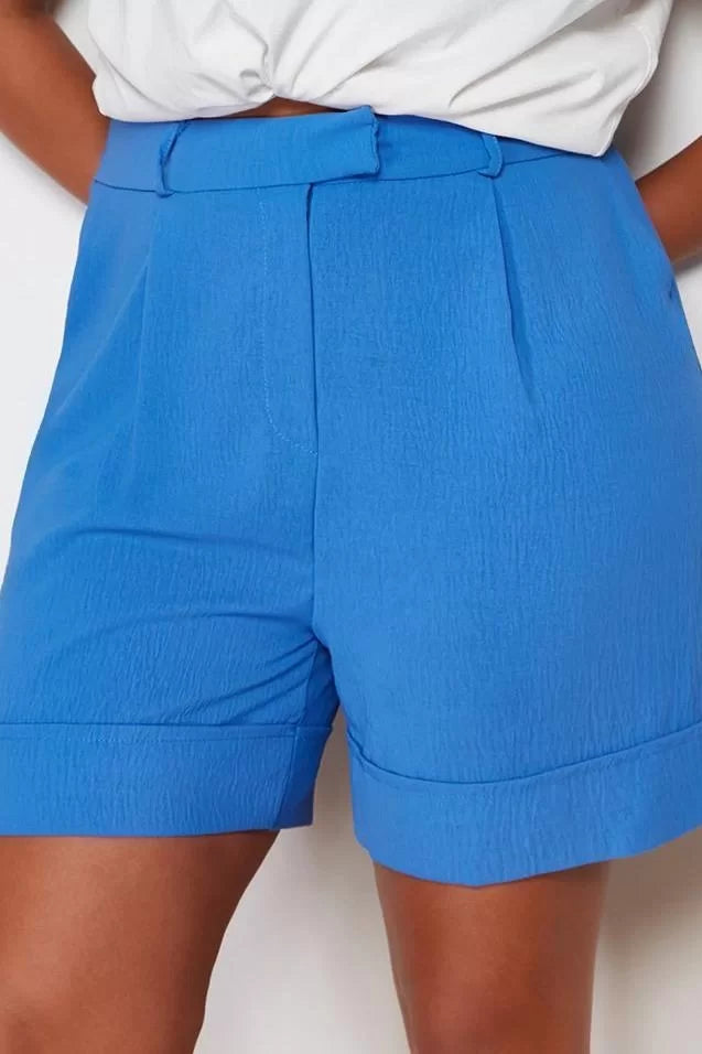 Plus Size Fashion Woven Normal Waist Wide Leg Casual Navy Blue Woven Shorts