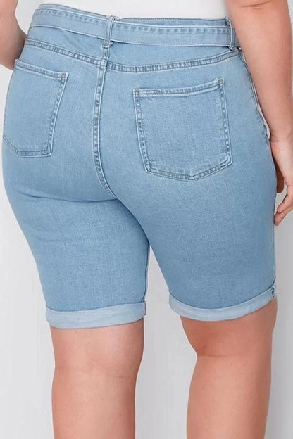 Plus Size Fashion Denim High Waist Skinny Leg Casual Light Blue Belted Flexible Skinny Denim Shorts